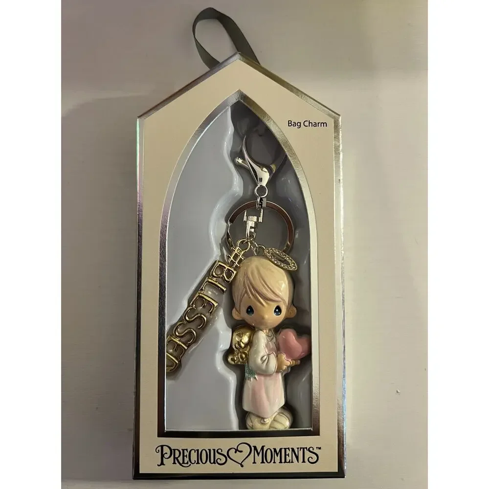 PRECIOUS MOMENTS Angel Boy With Pink Heart & Blessed BAG CHARM Key Chain NEW! - Picture 2 of 2